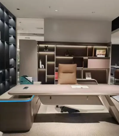 Modern executive desk and bookshelf set with 2.6m desk and 3.2m bookshelf for stylish office interiors