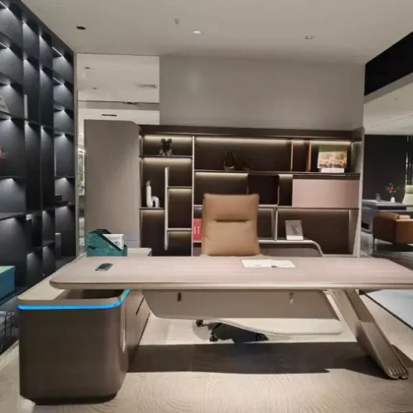 Modern executive desk and bookshelf set with 2.6m desk and 3.2m bookshelf for stylish office interiors