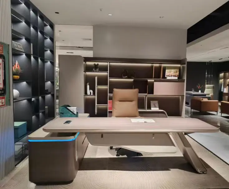 Modern executive desk and bookshelf set with 2.6m desk and 3.2m bookshelf for stylish office interiors