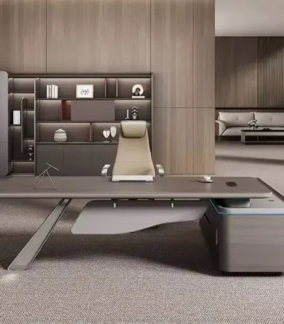 Modern 2.6 metre desk with matching 3.2 metre bookshelf for stylish office interiors