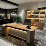 Executive 2.4 metre desk with matching 2.4 metre bookshelf for modern office interiors