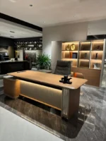 Executive 2.4 metre desk with matching 2.4 metre bookshelf for modern office interiors