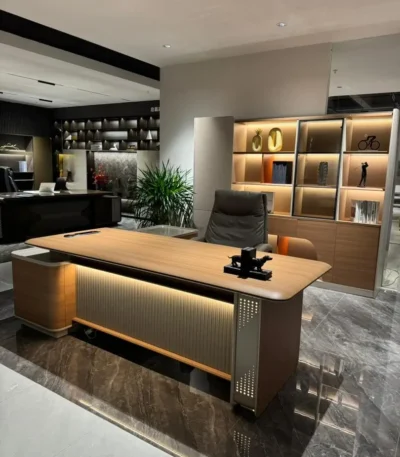 Executive 2.4 metre desk with matching 2.4 metre bookshelf for modern office interiors