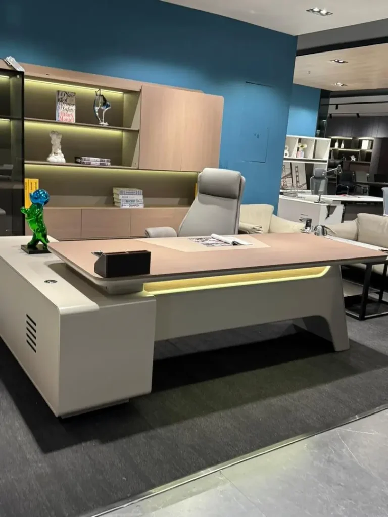 Modern executive desk with 2.6 metre workspace and 2.8 metre storage cabinet for office use